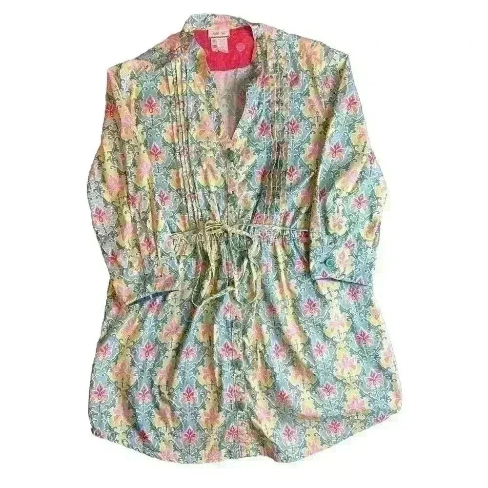 Matilda Jane Tunic Top Womens Medium Green Acres Retro Damask Floral 3/4 Sleeves